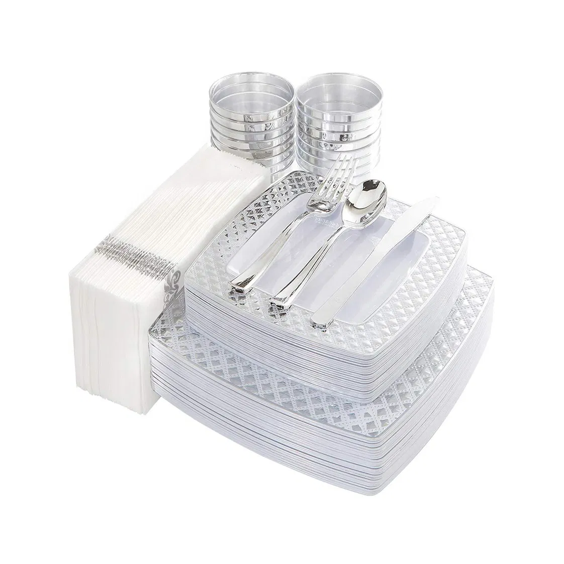 Luxury Silver Plastic Plate Set Gold Cutlery Set with Plate for Wedding Square Disposable Plate