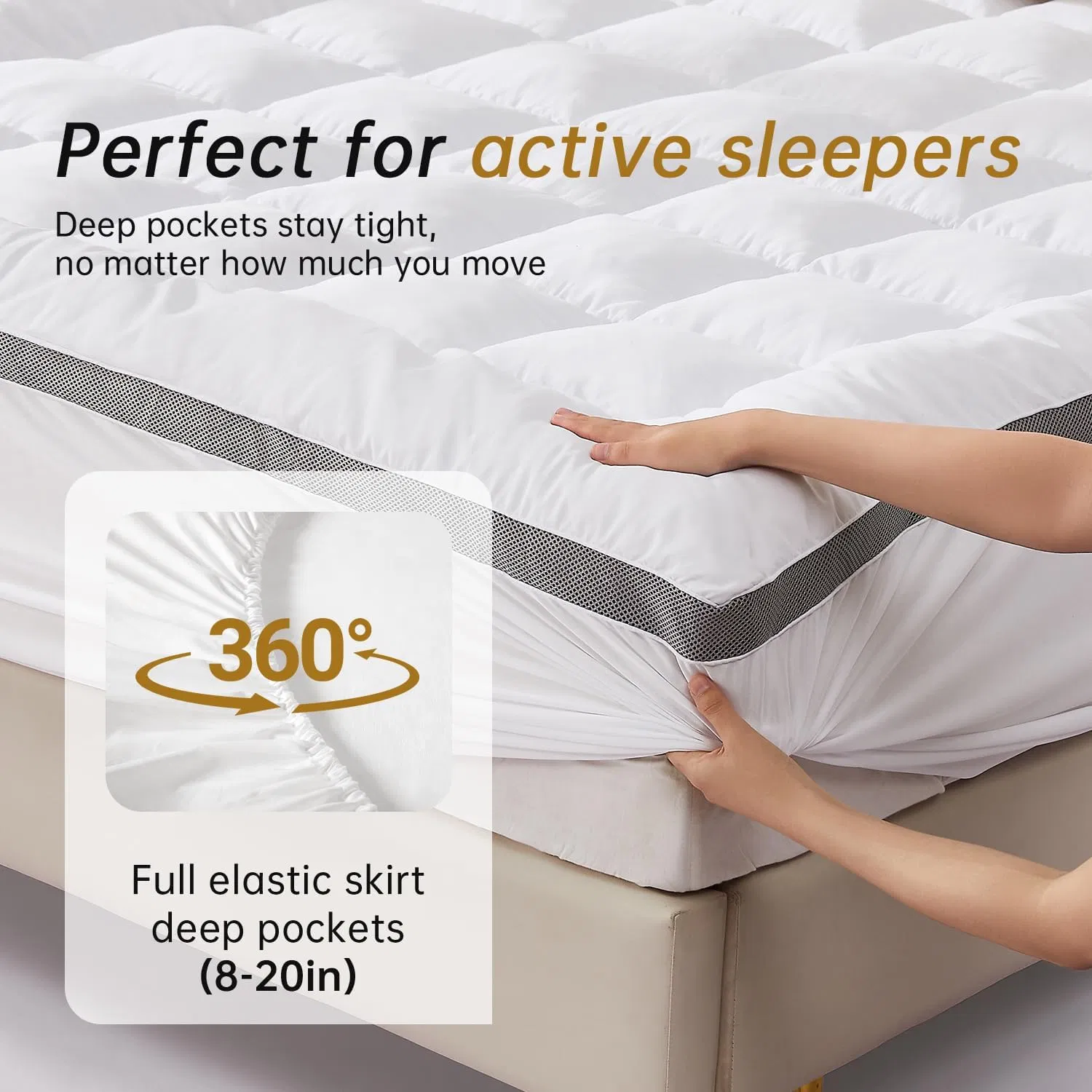 Mattress Topper Stretchable Pockets Soft Pillow Top Mattress Pad for Back Pain Relief with Breathable Air Mesh Sides