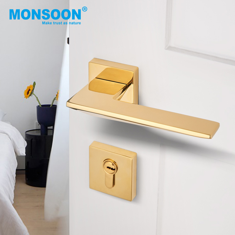 High Quality Modern Luxury Zinc Alloy Interior Bedroom Zamak European Style Golden Chrome Square Door Lever Handle for Wooden Door