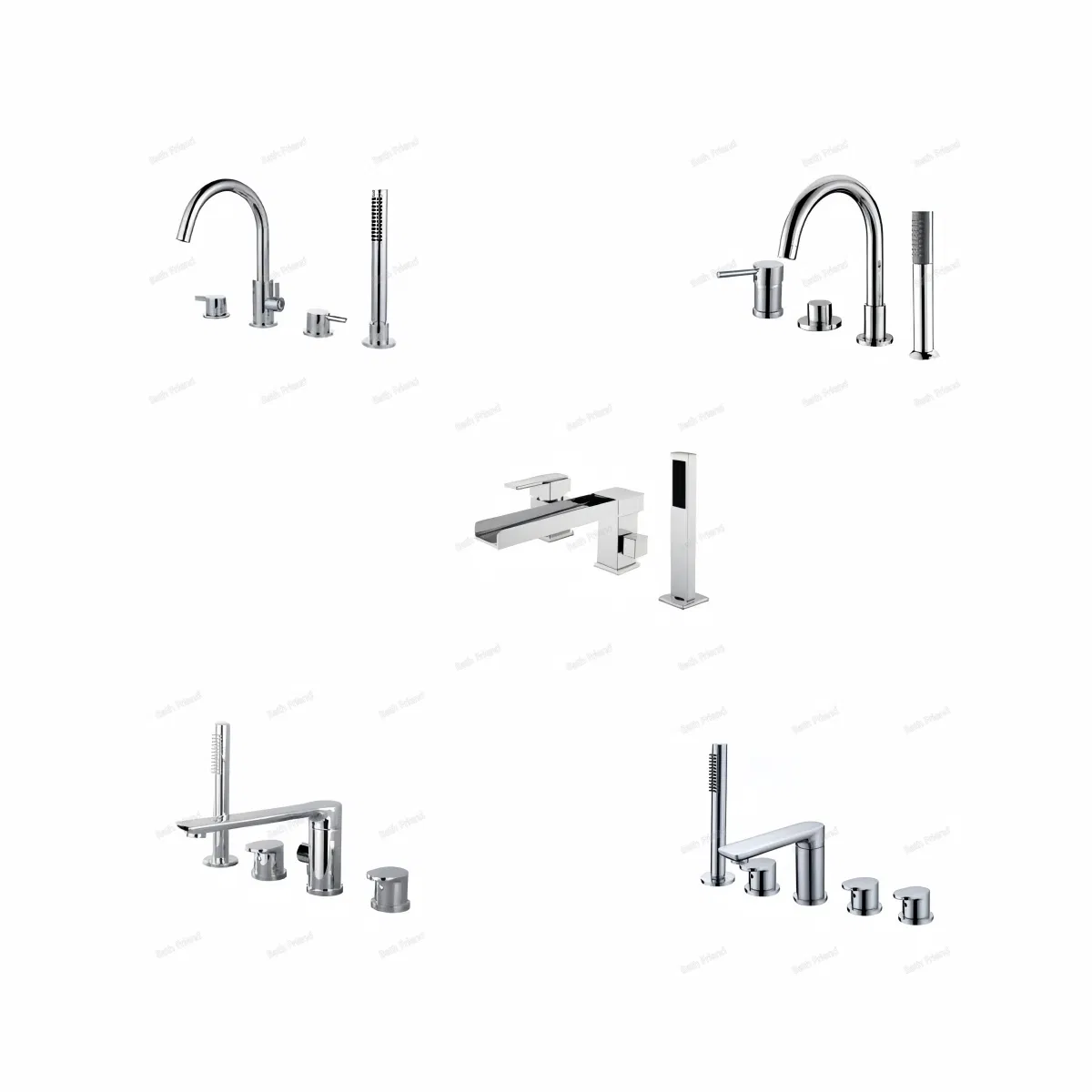 Bathtub Deck Mounted Polished Brass 5 Hole Faucet with Hand Shower Waterfall