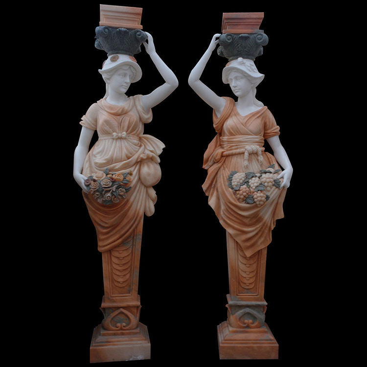 Square White Marble Pillar with Relief of Woman and Child