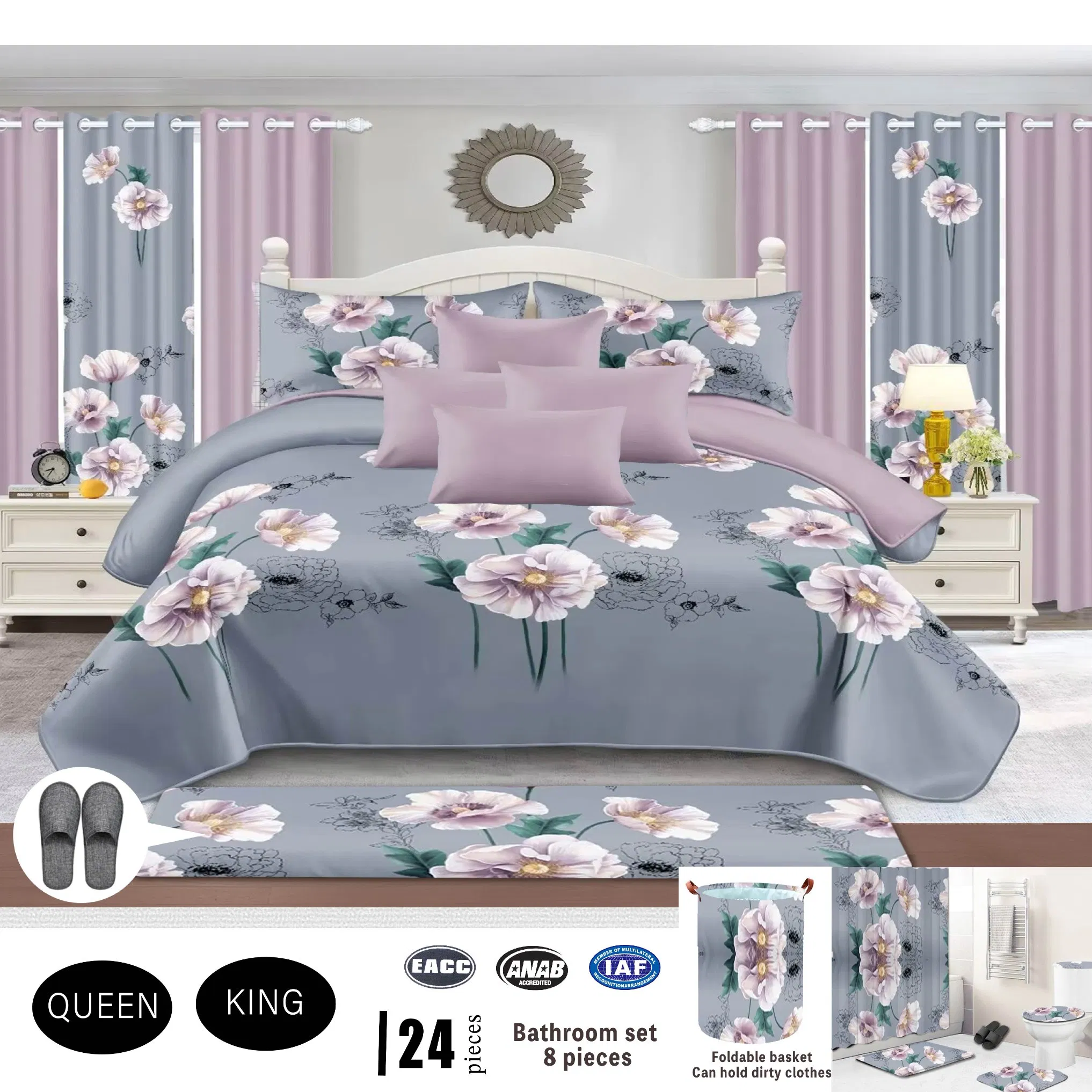 White 24PCS Home Textile 8-Piece Bathroom Bedding Set Queen King Size Bed Cover Premium Pillow Shams Bed Sheets Bedspread with Curtains
