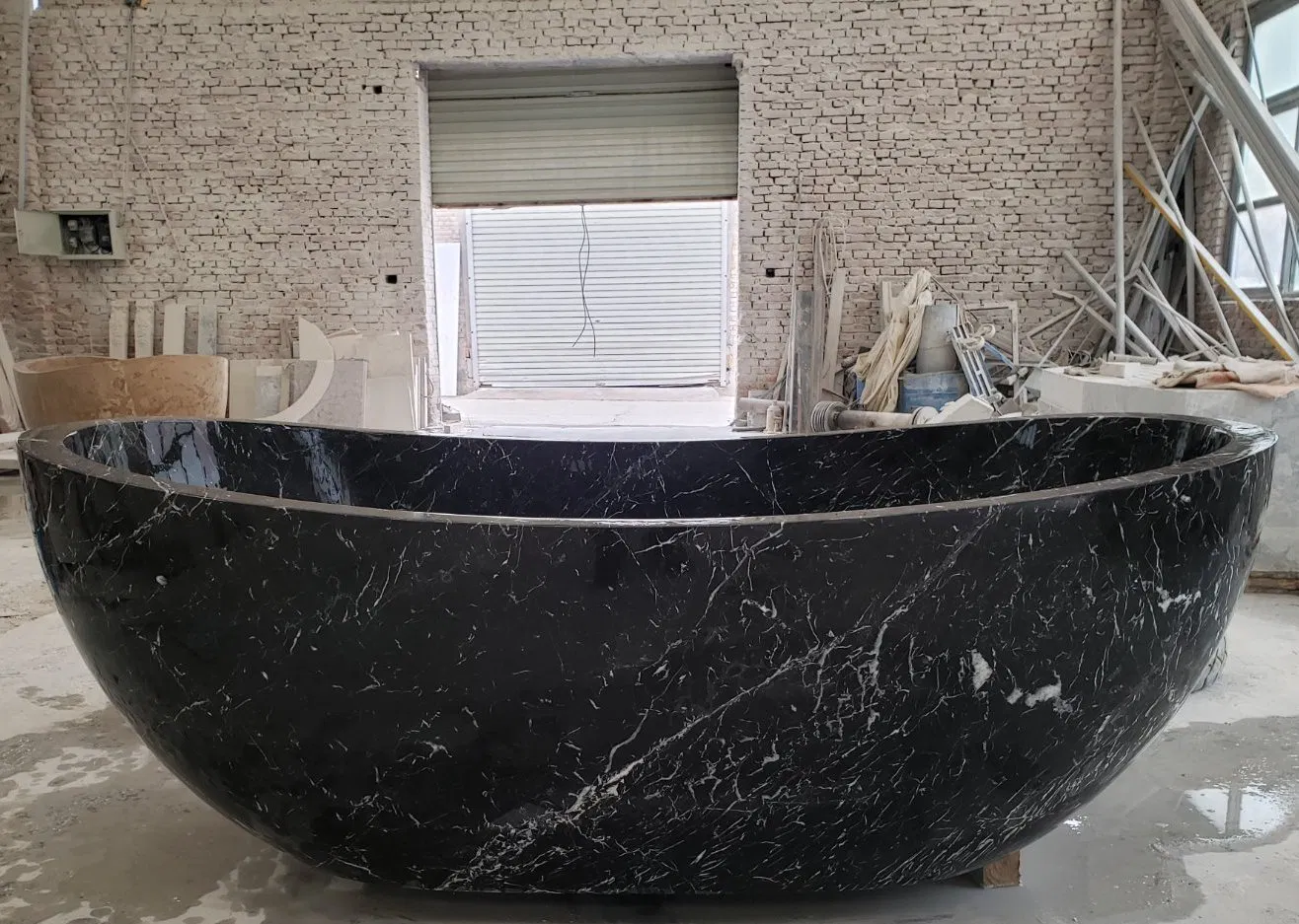 Antique Design Hand Carved Black Solid Freestanding Natural Stone Marble Bathtub with Lion Head (SYBT-023)