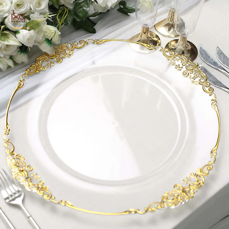 Antique Decorative Gold Embossed Baroque Rim Acrylic Round Luxury Vintage Table Acrylic Plastic Party Chargers Plates Wedding