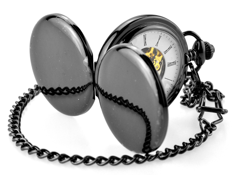 Engraved Black Mechanical Skeleton Pocket Watch with Chain