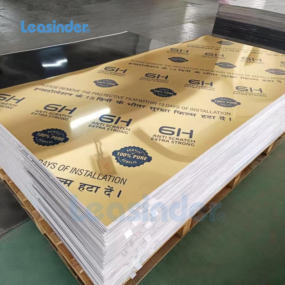 Leasinder High Quality China Factory Extruded 4FT X 8FT Gold Mirror Sheet High Light Reflectivity PE Film PMMA Acrylic 0.8mm-5mm Thickness Custom Cutting