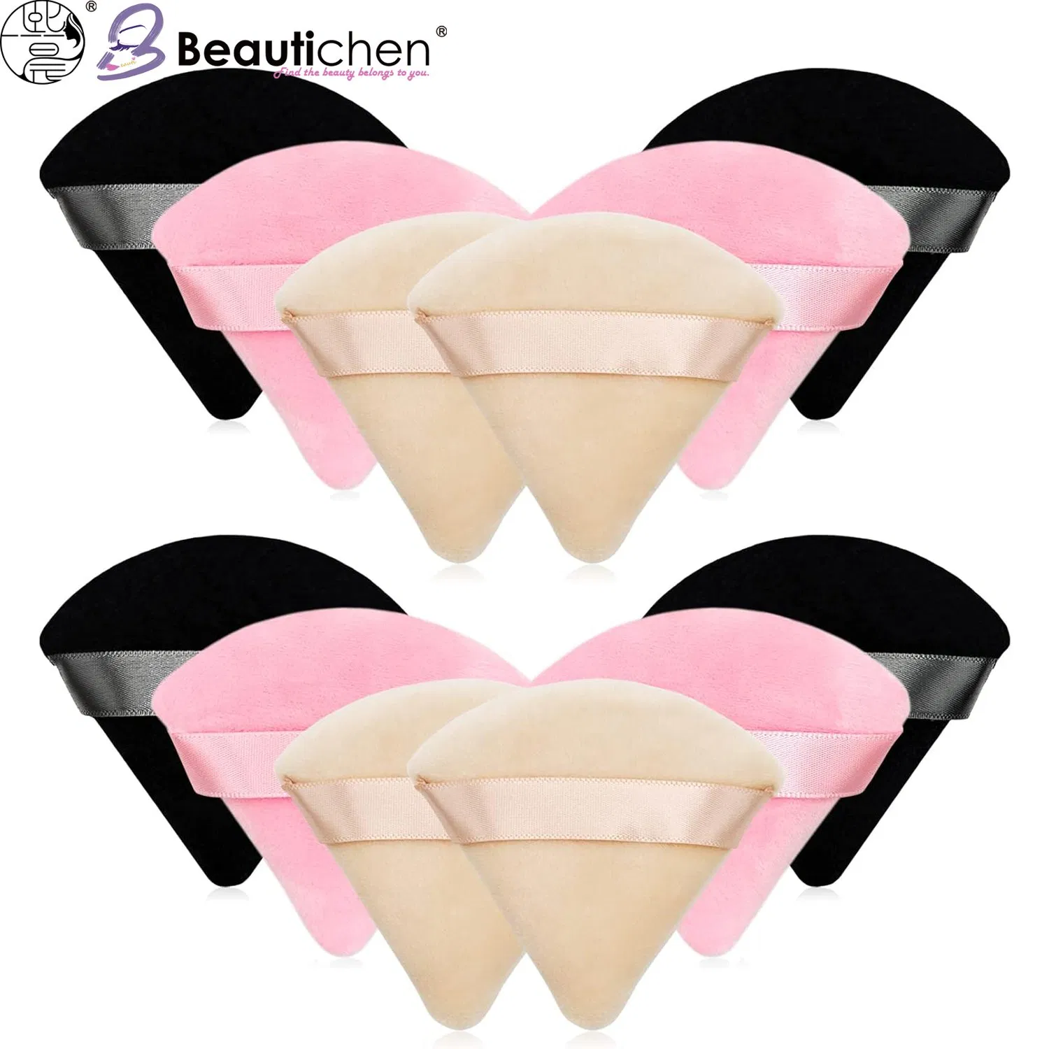 Beautichen Triangle Powder Puff Set – Soft Makeup Sponges with Ribbon Handle for Foundation & Loose Powder, Travel-Friendly Cosmetic Applicators