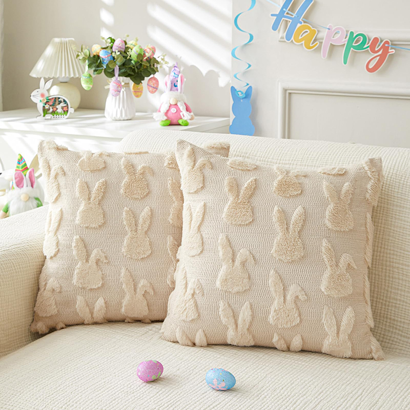 Beige Rabbit Plush Faux Fur Pillow for Sofa Bed Decor