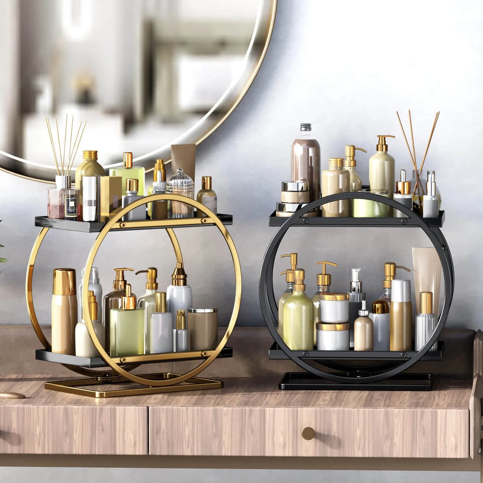 Makeup Organizer for Vanity Black Gold Perfume Dresser- 2 Tier Skincare Organizers