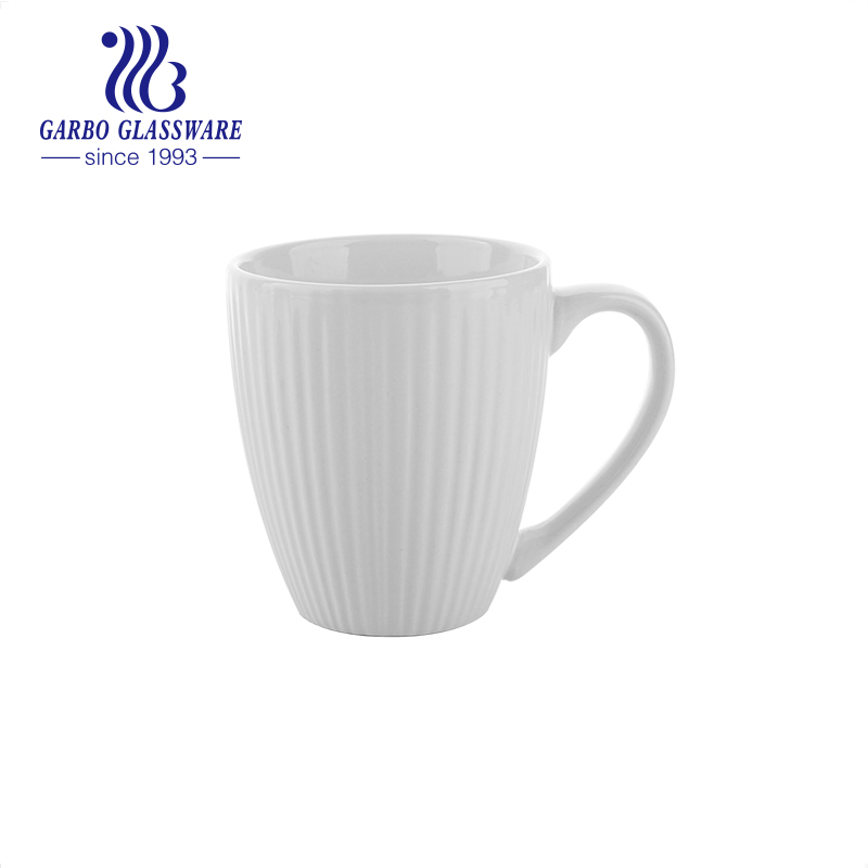 Big-Handle 12oz Elegant Pure White Stoneware Ceramic Coffee Tea Mugs with Linear Pattern