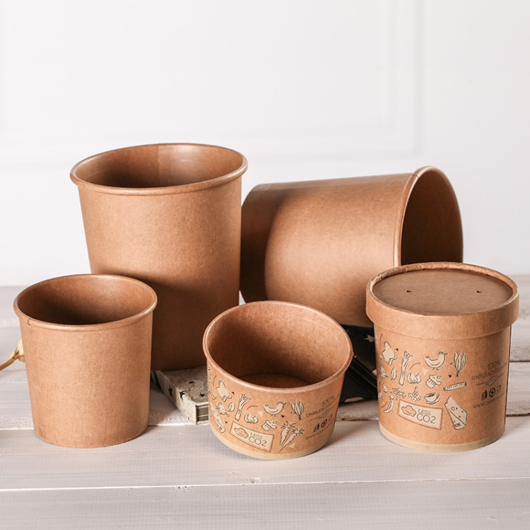 Food Packaging Brown White Paper Soup Containers with Paper Lid Grease Proof