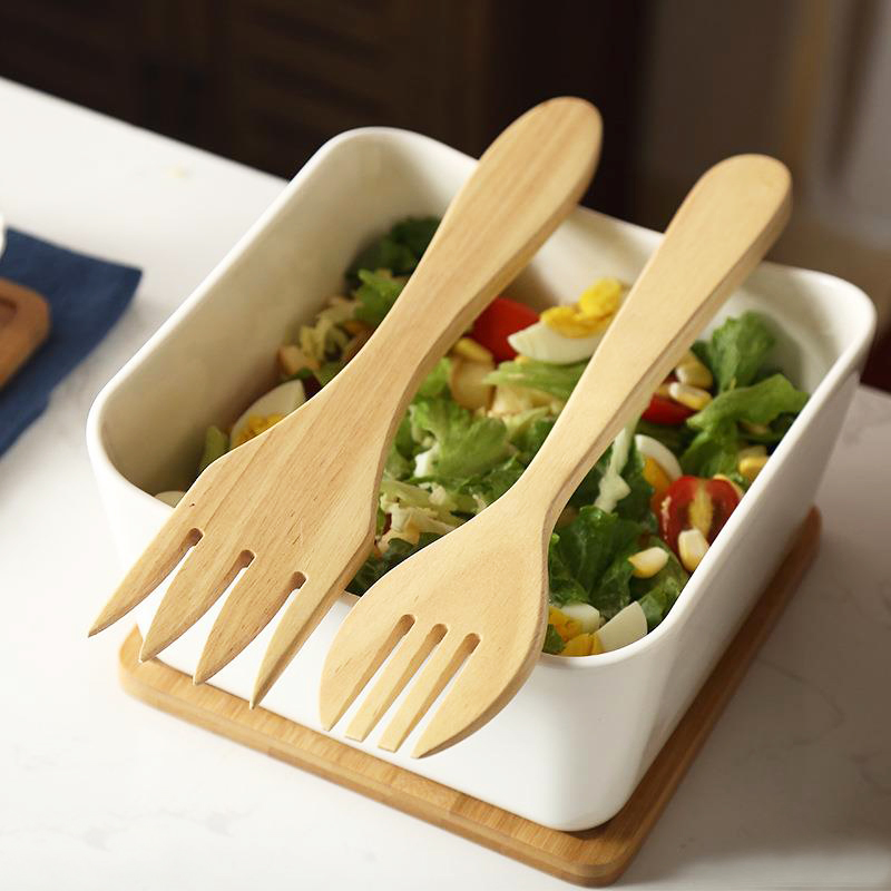 Elegant Square Large Ceramic Bowl Salad Bowl with Tray & Spoons