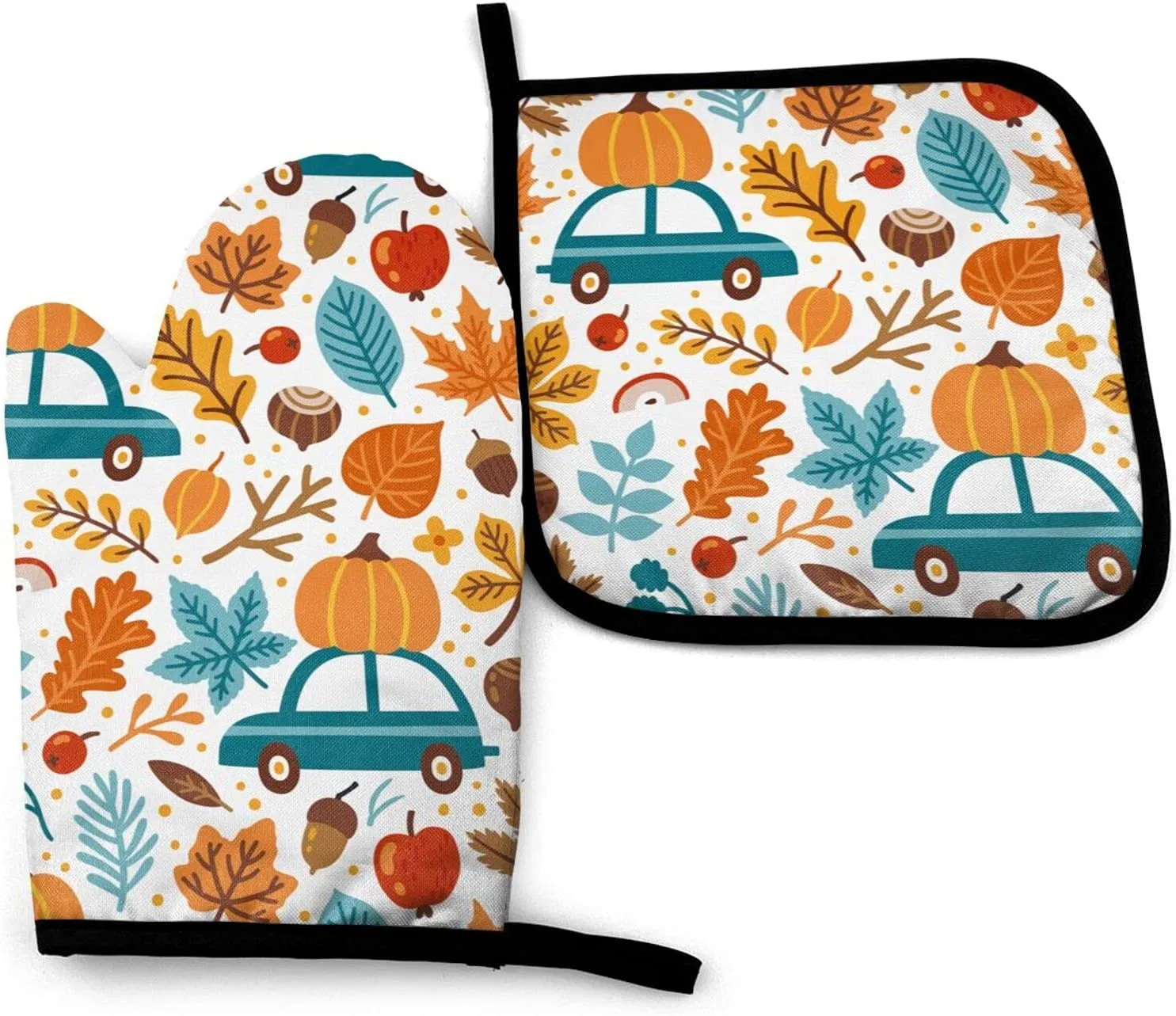 Fall Pumpkin Maple Thanksgiving Kitchen Oven Gloves and Pot Racks 2-Piece Set