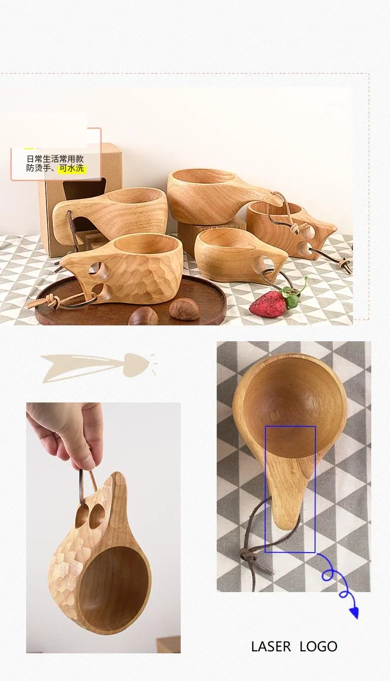 Wood Mug with 2-Hole Grips Handmade Kuksa Wooden Cup, Wood Drinking Cup for Coffee, Tea, Milk. Backpack, Camping, Bushcraft