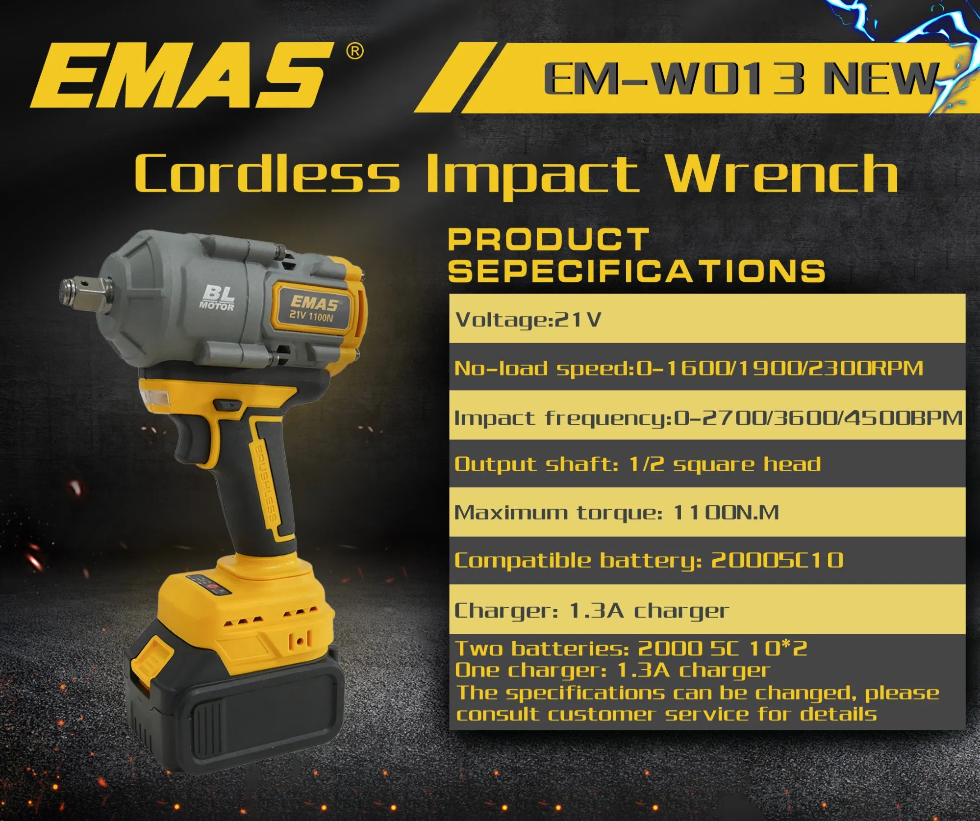 Emas 21V 1100nm Lithium Battery Impact Wrench Em-W013, Cordless Electric Impact Wrench with Brushless Motor (2 PCS Battery and 1 PC Charger)