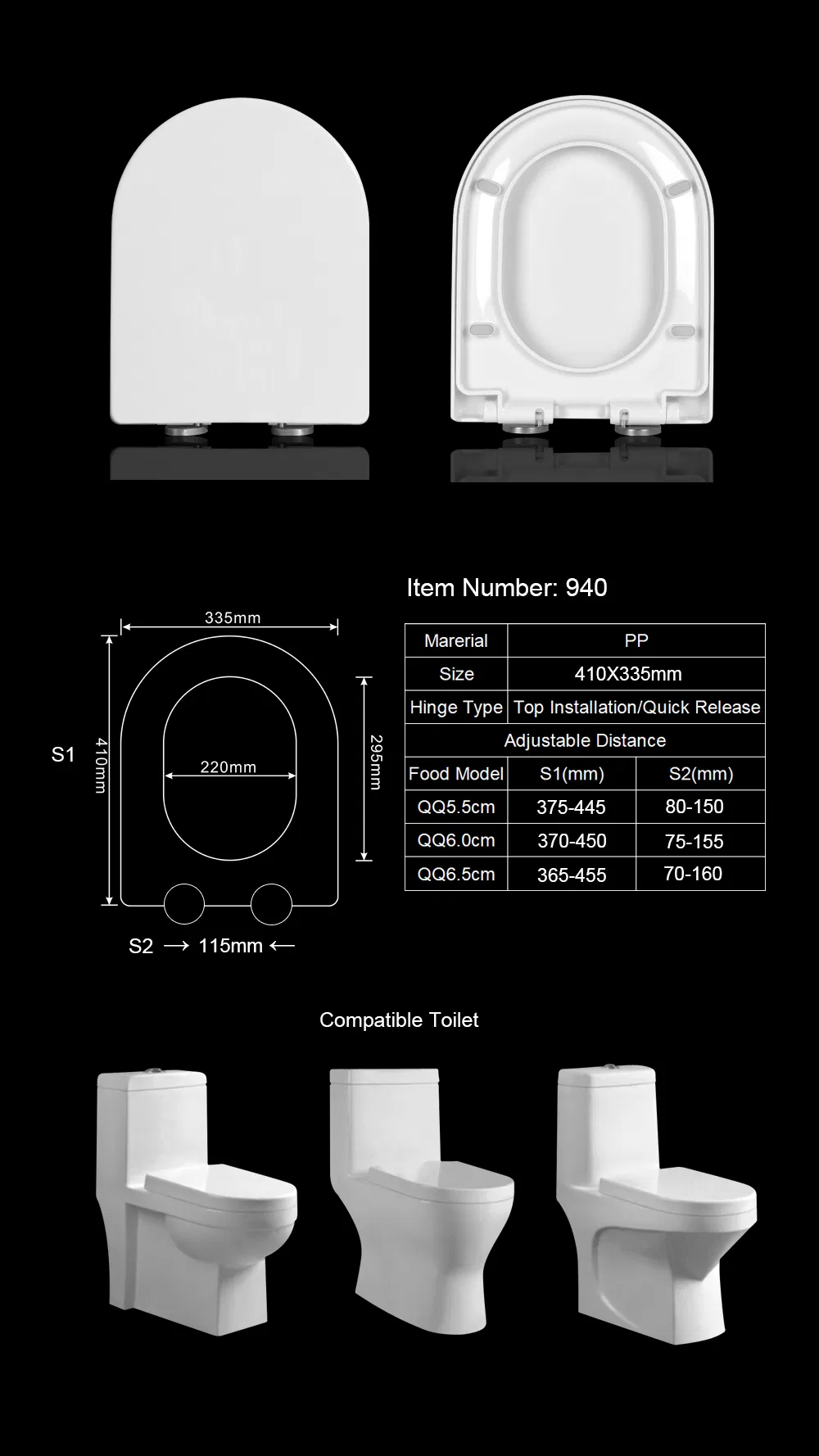 Soft-Close U-Shape PP Glossy Toilet Seat Cover Sanitary Ware Fitting
