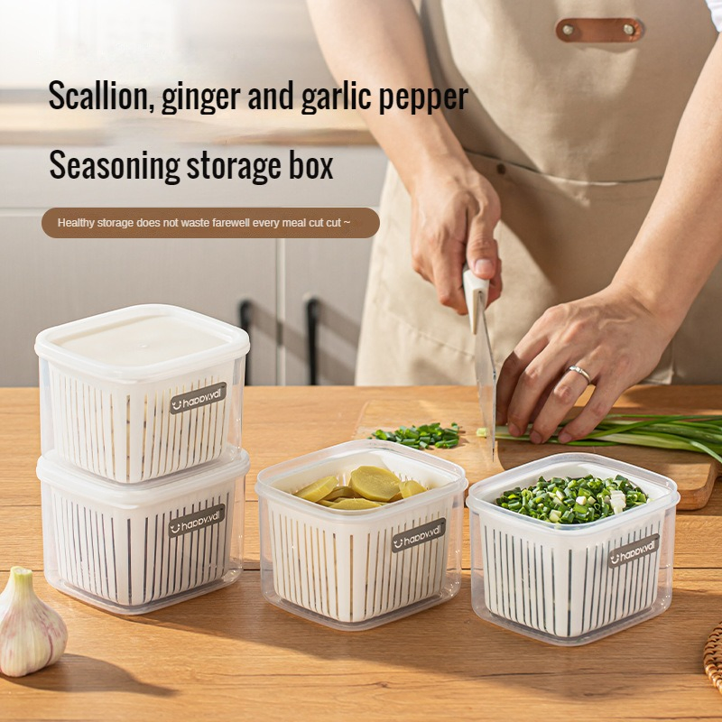 Square Kitchen Herb Keeper Fresh Garlic, Ginger, and Scallion Storage Box with Drainage