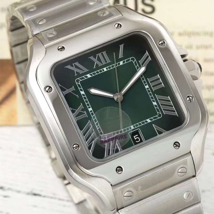 Waterproof Green Square Fashionable Dial Luxury Stainless Steel Automatic Mechanical Watch