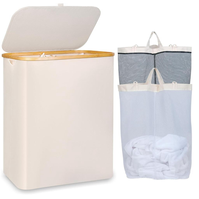 Sturdy Tall Bamboo Laundry Basket Clothes Organizer with Inner Bags
