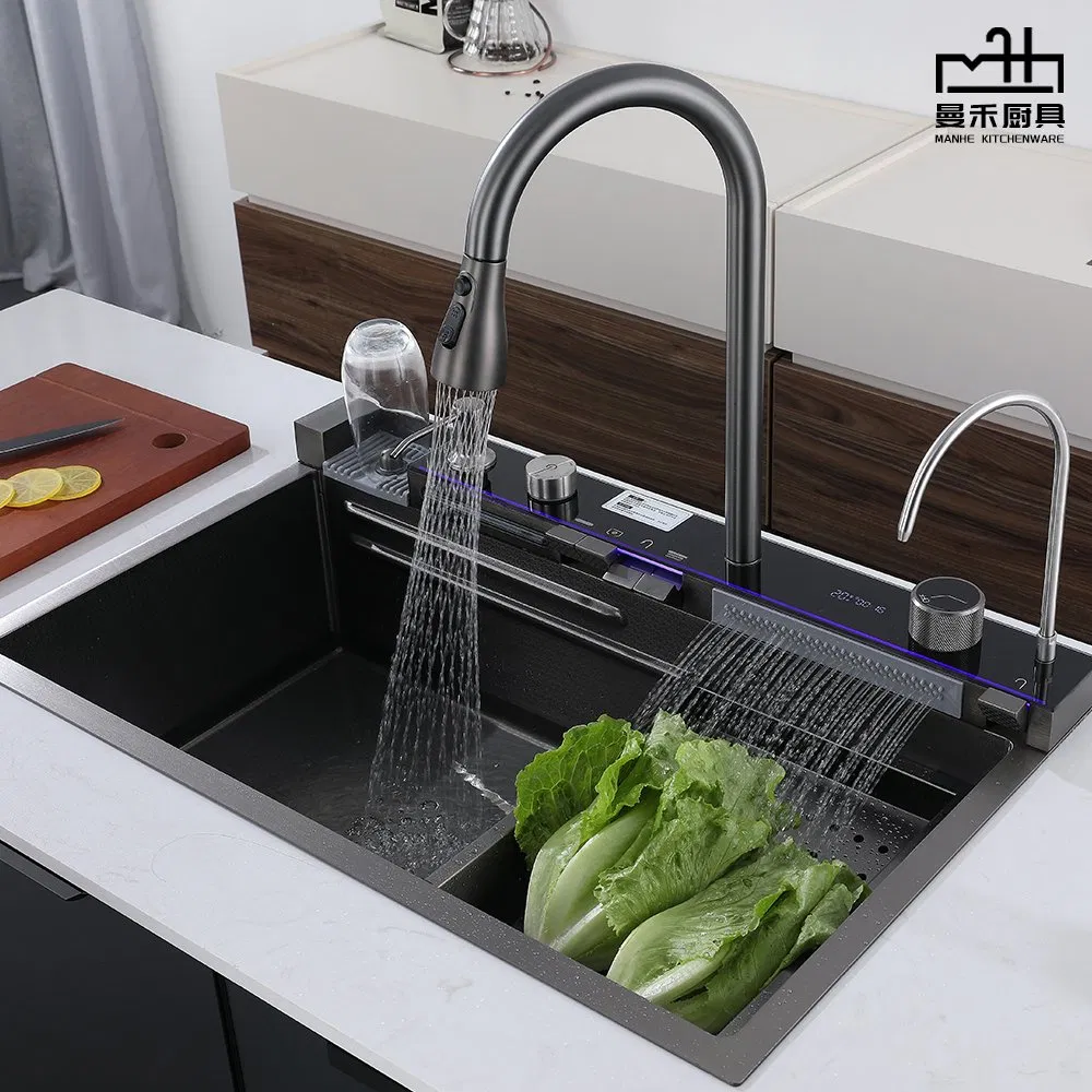 Intelligent Stainless Steel Kitchen Sink Black Smart Waterfall Sink Single Bowl