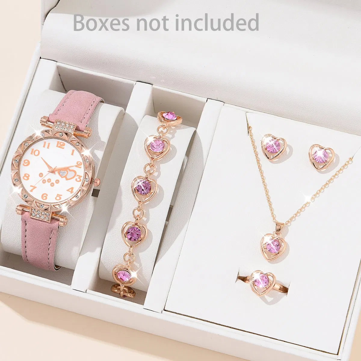 6-Piece Pink Heart-Shaped Casual Watch Set for Women