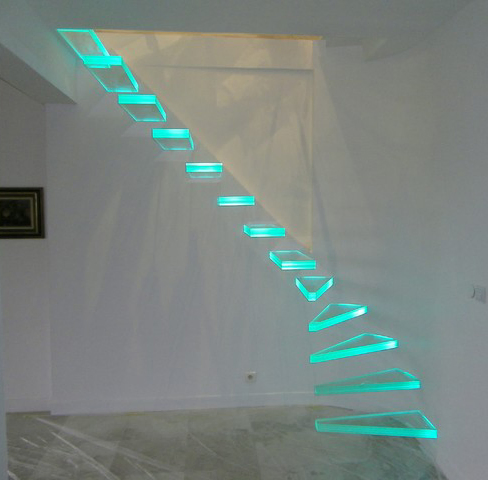 LED Light Curved Staircase Design Stainless Steel Railing Glass Tread