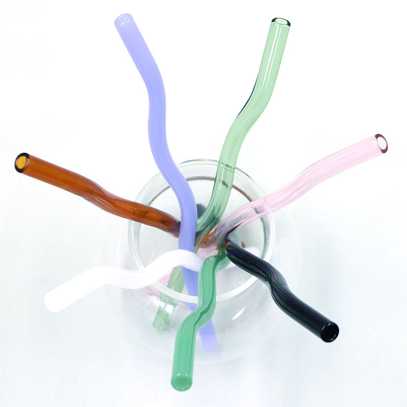 20cm 8mm Reusable Glass Wave Straw Drinking Colorful Bar Accessories for 16oz Cups