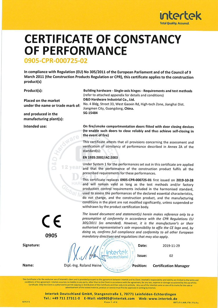 D&D European Style CE SUS201 Fire-Rated Butt Hinge Door Hinge Manufacturer