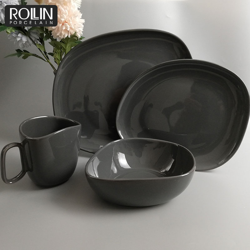 Hot Sale Dinner Set Irregular Plates Grey Tableware Decal Dinnerware Ceramic