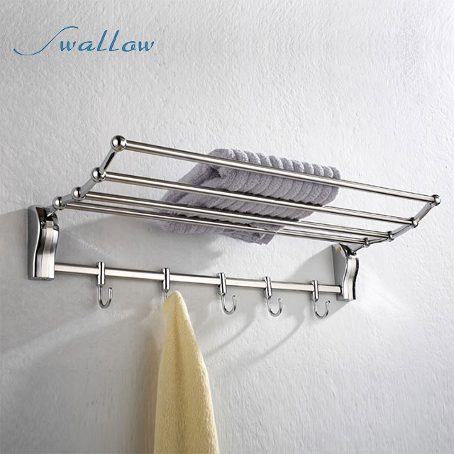 Chrome Stainless Steel Wall Mounting Bathroom Fittings Accessories Tower Rack Storage Shelf with Hook
