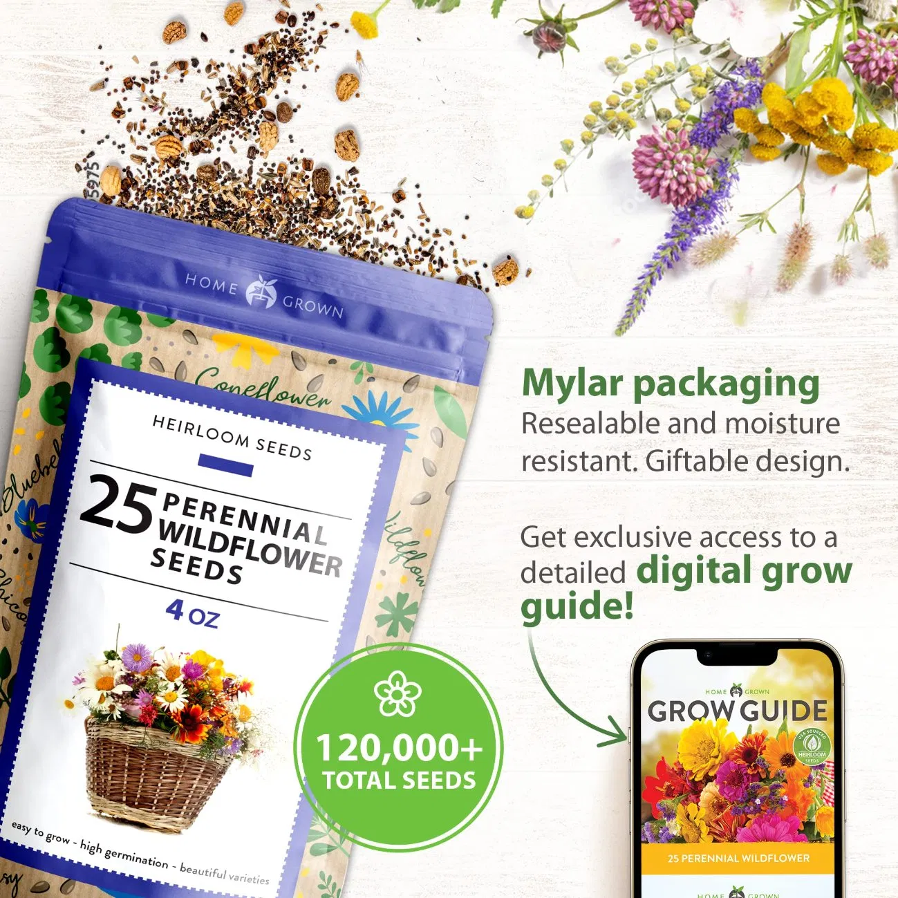 Wholesale Home Grown USDA Organic Wildflower Seeds Mix for Attracting Birds & Butterflies