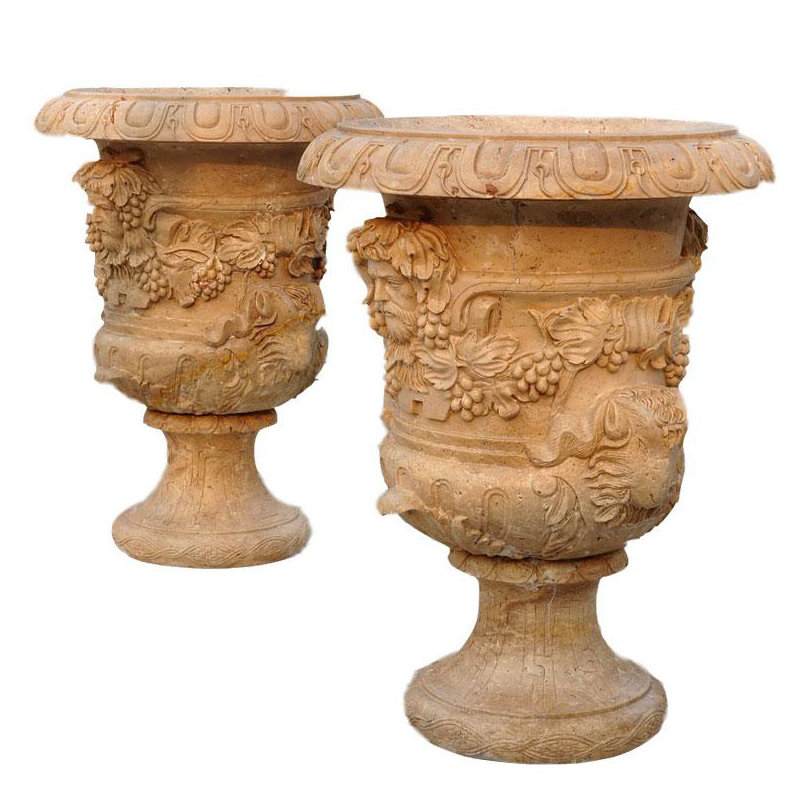 Traditional Beige Natural Marble Flowerpot Sculpture with Man Face Relief