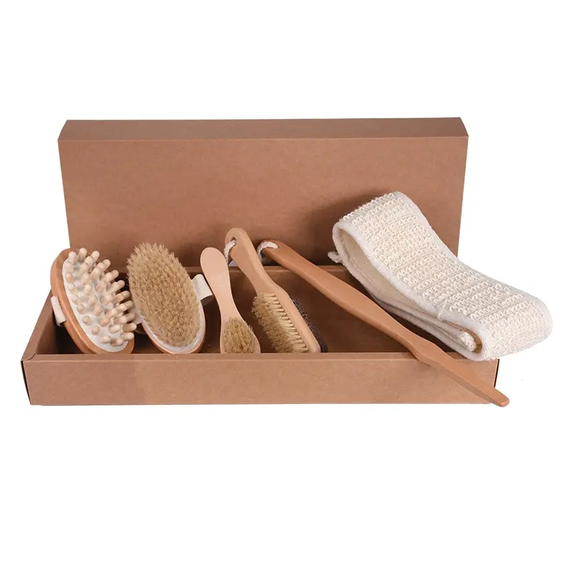 6PCS Set Hot Sell Natural Boar Bristle Long Handle or Handhold Set Detachable Design Massage Bath Brush for Body Care Brush
