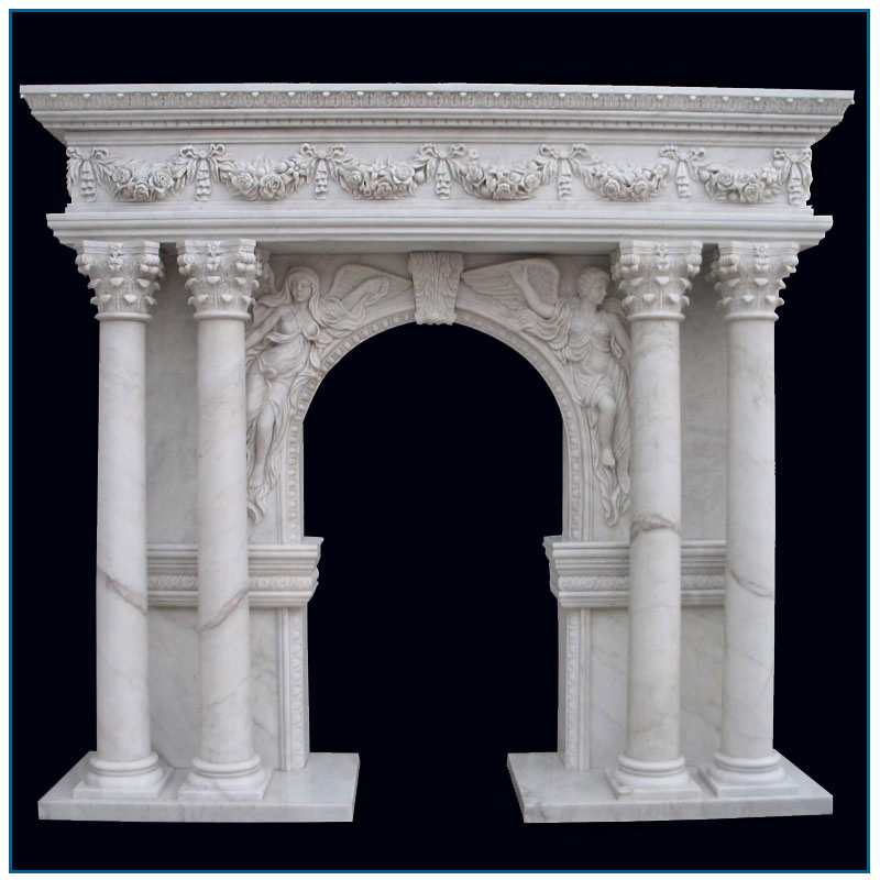 Travertine Fireplace Mantle with Lady Statue for Sale