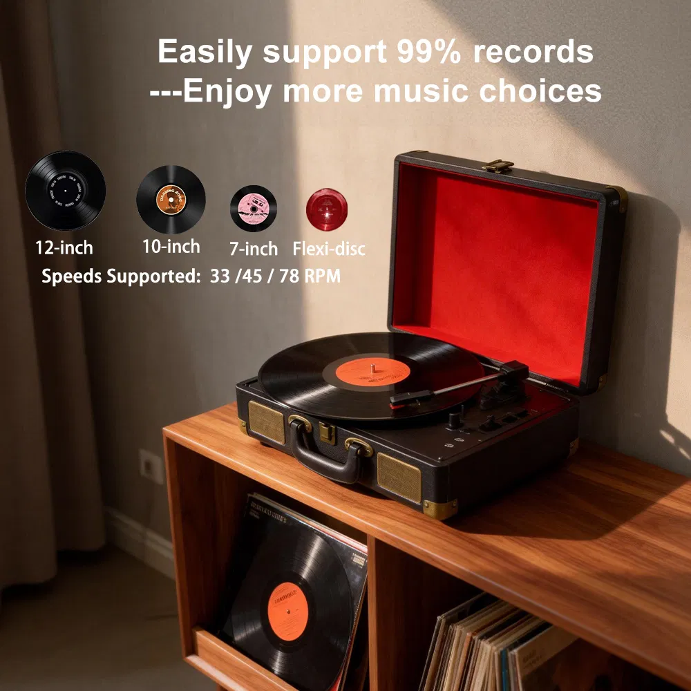 Multi Function HiFi Stereo Bluetooth 5.0+ 3speed Turntable Speaker Record Player with Autostop for Gift
