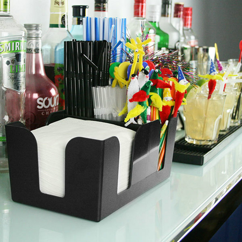 Black Plastic Bar Caddy Napkin Dispenser with 6 Compartments