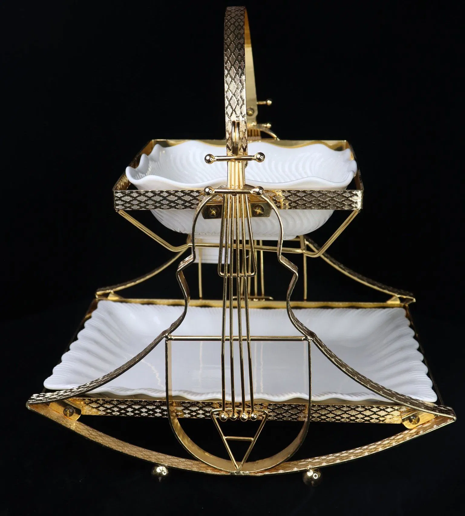 Home Ornament Gold-Plated Iron Frame with Large Size Double-Layer Ceramic Bowl