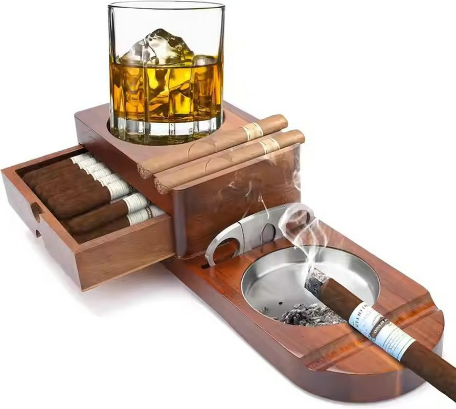 Ashtray Whiskey Glass Tray and Wooden Ash Tray with Cigar Cutter Ez29777