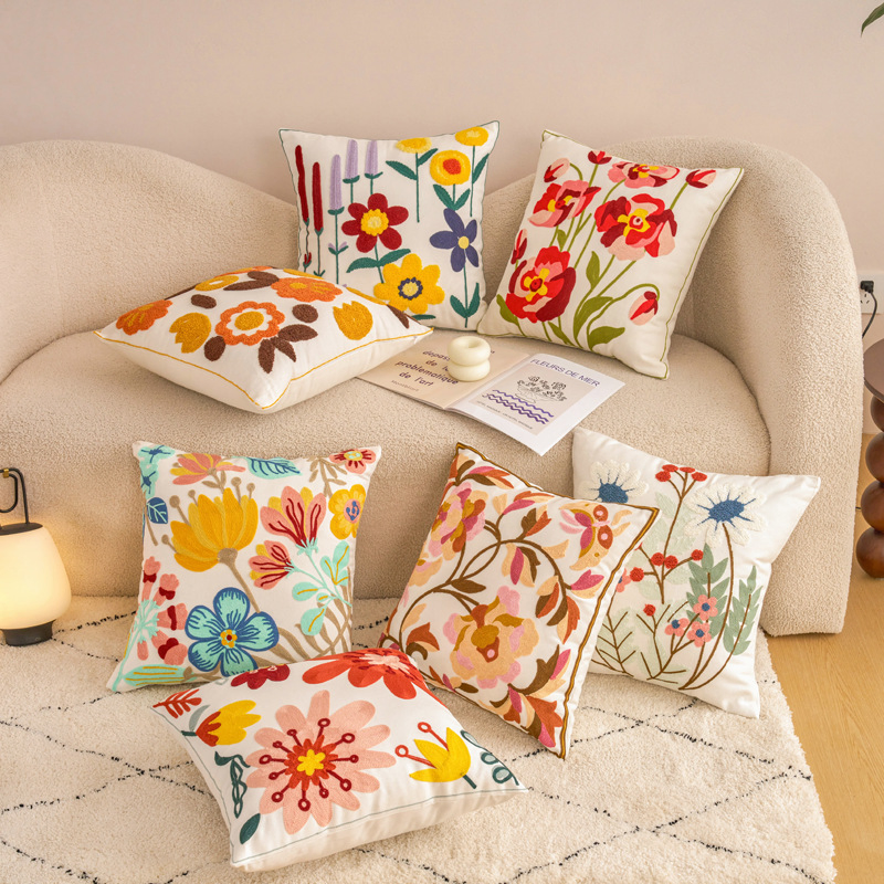 Popular 18X18 Inch Cotton Throw Cushion Covers Floral Embroidery Pillow Case Outdoors Decorative for Bed Couch Sofa Home