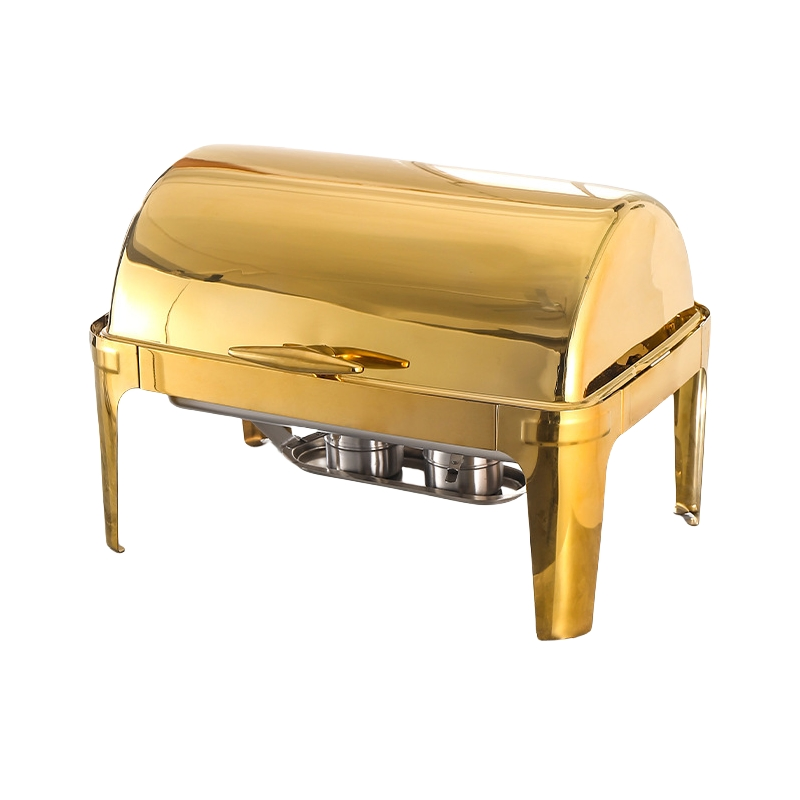 Restaurant Roll Top 9L Full Gold Stainless Steel Buffet Food Warmer Fuel Heating Chafer Dish Rectangular Glass with Gold for Buffet Chafing Dish