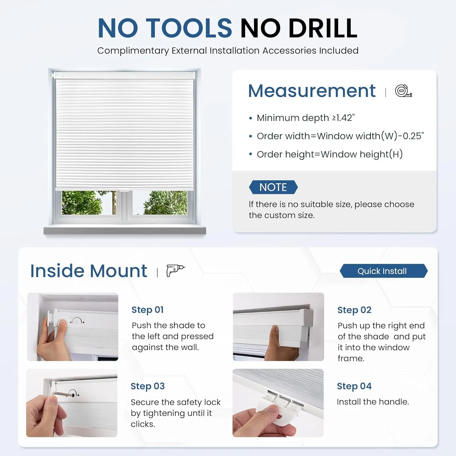 No Drill Blinds Blackout Honeycomb Blinds for Indoor Windows, UV Protection Privacy