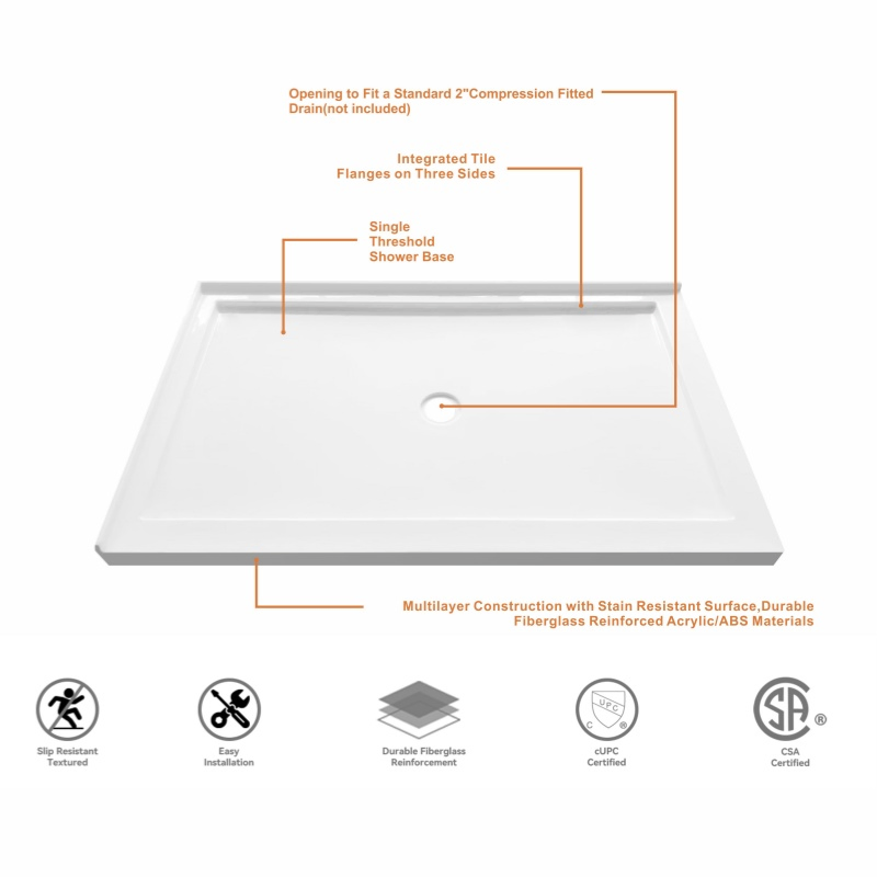 1524*914*102mm Rectangle Smooth Surface Shower Pan Bathroom Center Drain Acrylic Shower Tray
