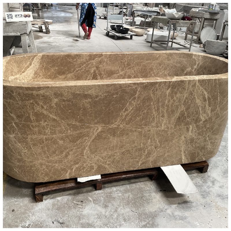 Hand-Carved Emperador Light Marble Freestadning Bathtub