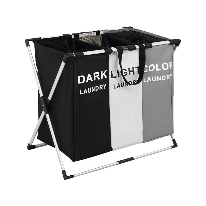 3-Section Foldable Laundry Basket Hamper Clothes Sorter with Side Pocket Black Ez30563