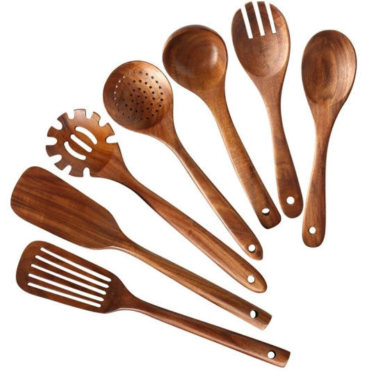 Hot Sale Custom Logo Cookware Natural Teak Acacia Wooden Spoon Set Spatula Wooden Kitchen Utensils Set