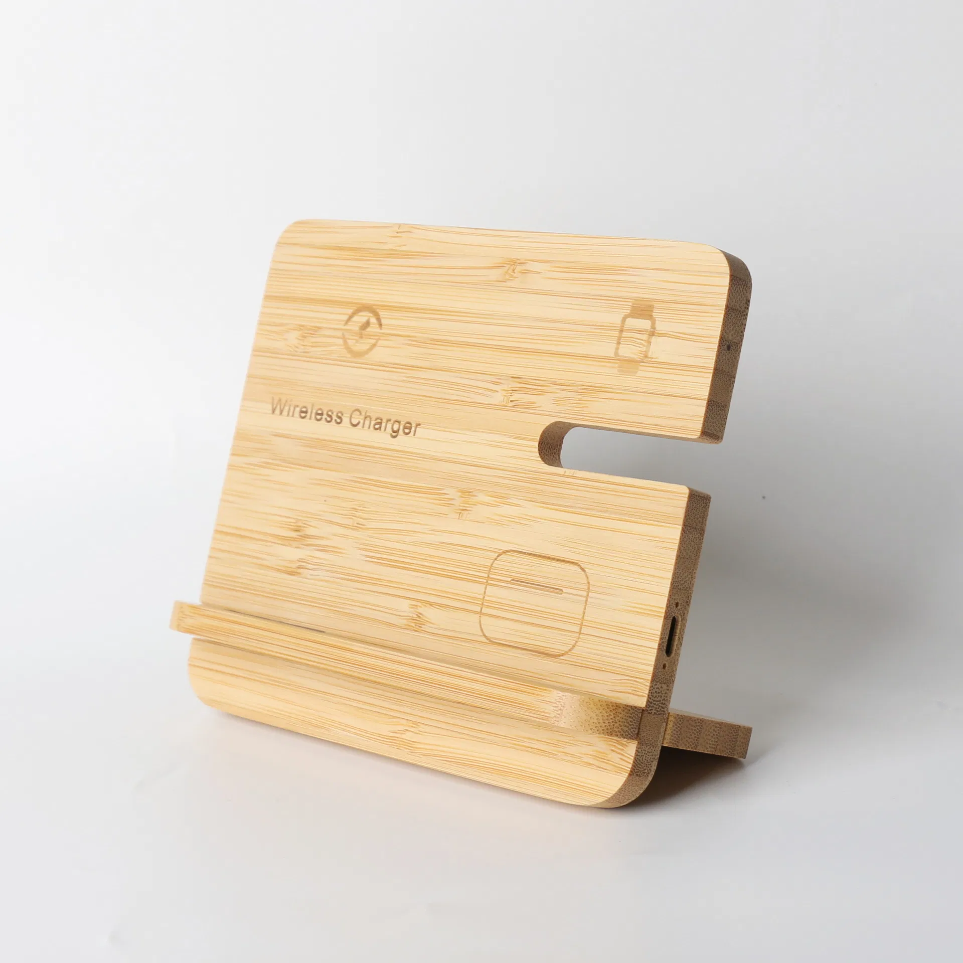 Multi-Functional Eco-Friendly Bamboo Three-in-One Wireless Charger for Mobile Phones, Headphones and Watches, Wooden Wireless Charger