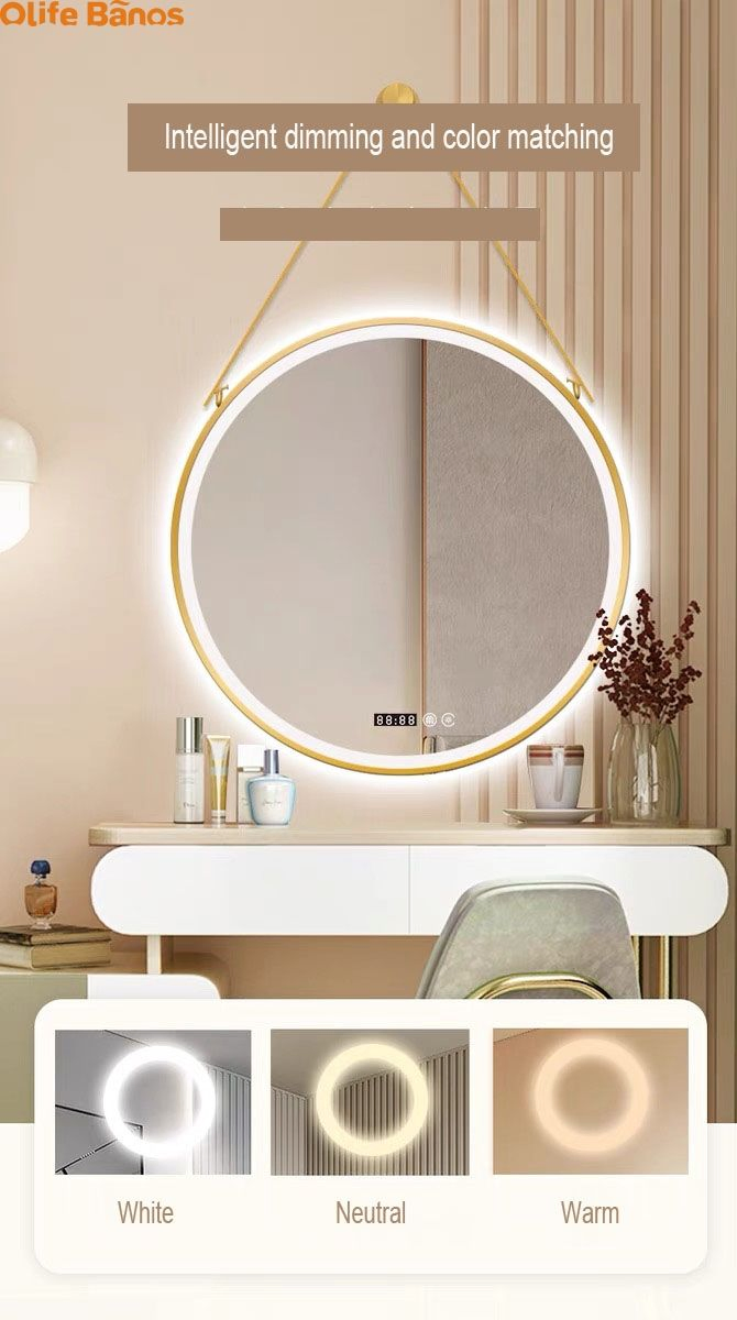 High Quality LED Mirror Defogger Magnifying Espelho Smart Touch Screen Bathroom Mirror with Gold Black Frame
