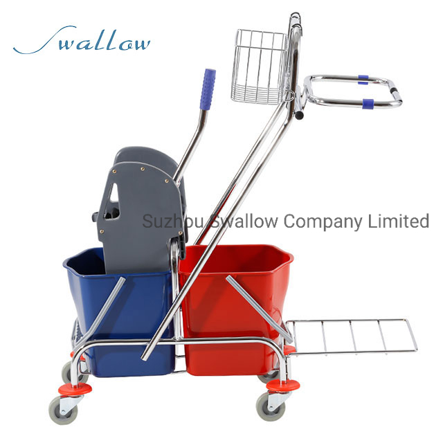 China Hospital Airport Cleaning Folded Hand Double Bucket Mop Wringer Trolley