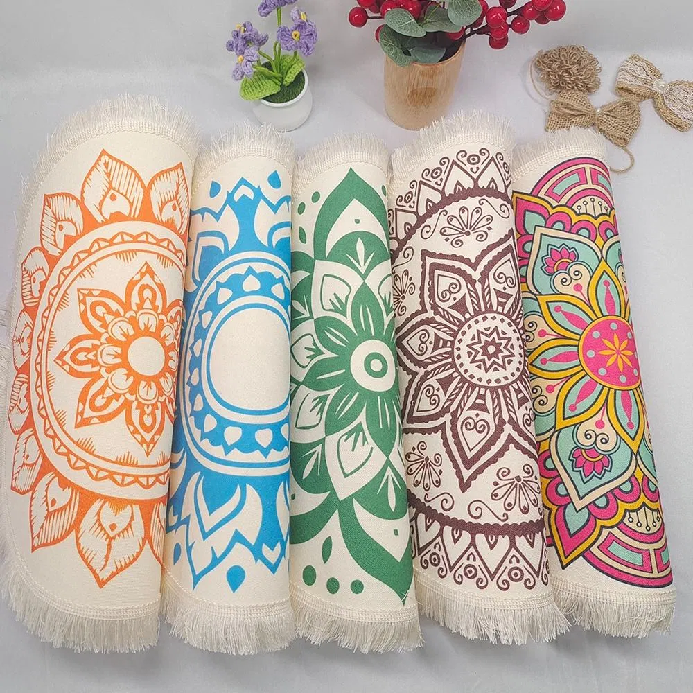 Boho Round Placemats Table Decor Soft Polyester Waterproof Placemat with Fringe for Dining Table