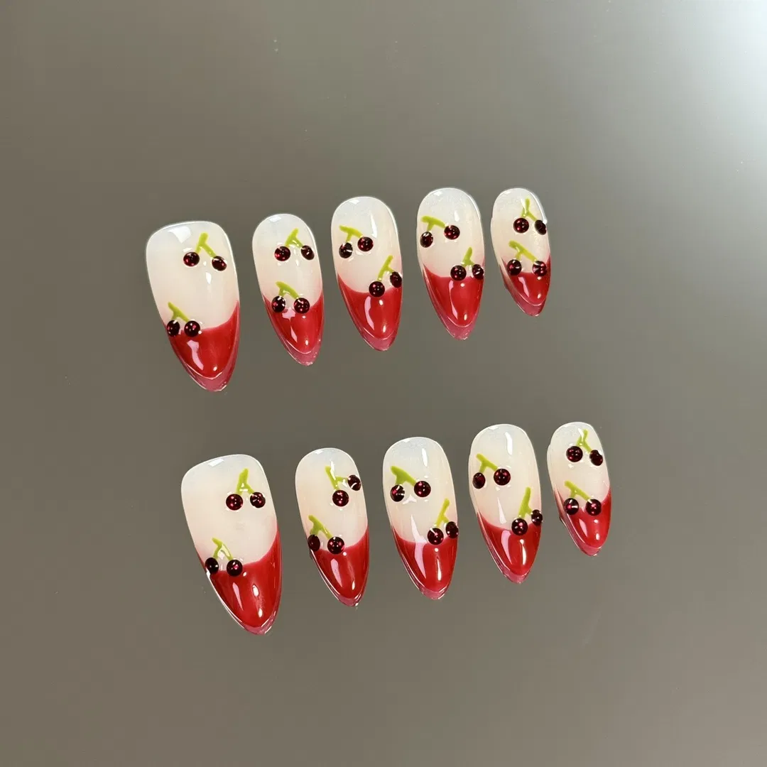 Luxury Red Cherry Nails Tips Fake Nails Removable Full Cover Almond False Nail Press on Nail